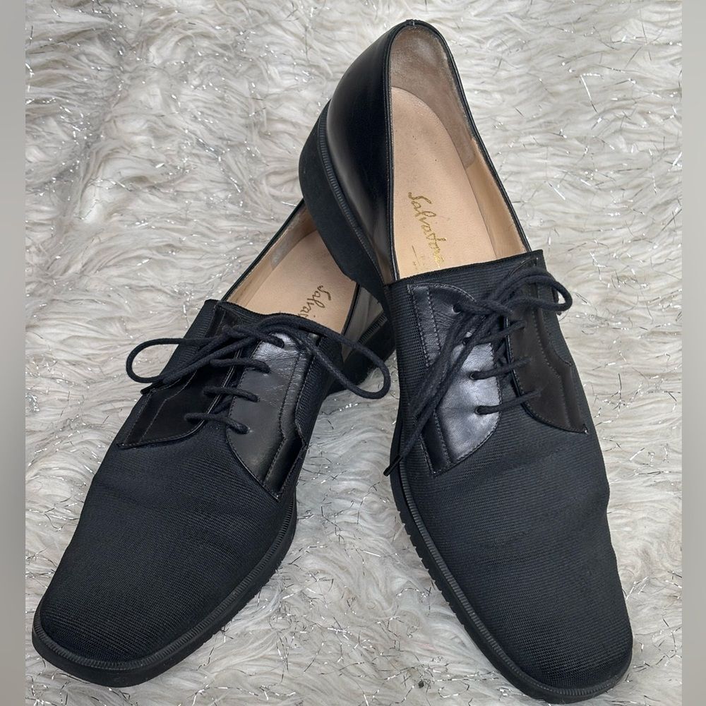 Salvatore Ferragamo Black Leather And  Nylon Women’s Lace Oxford Shoes Size 8.5